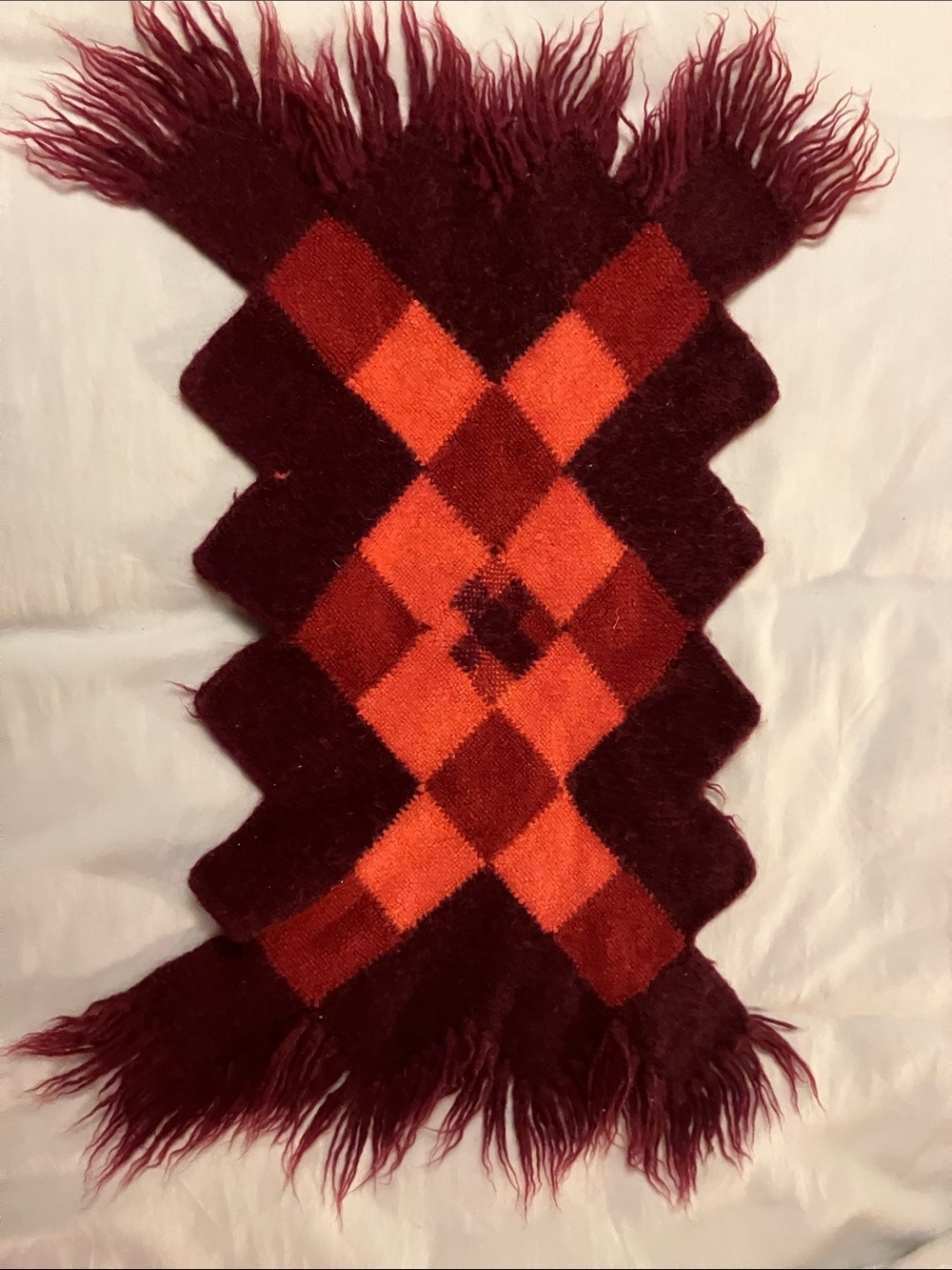 Wool handmade woven fringed vintage accent rug 22 x 15”